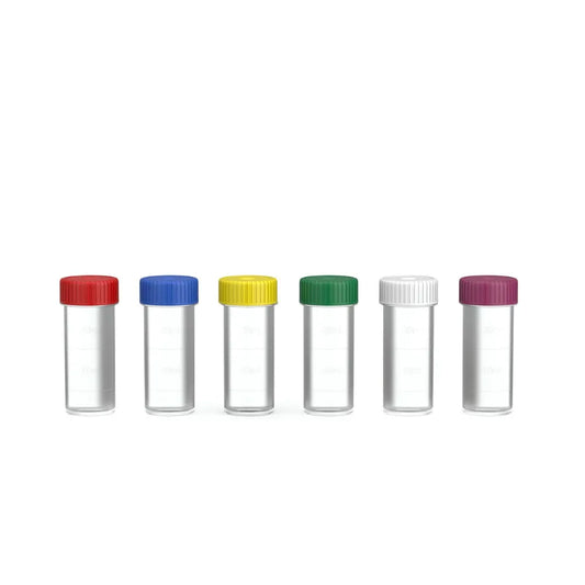 28ml Gamma-Sterile Sample Vials – Flat Bottom with Assorted Coloured Caps pack of 1000